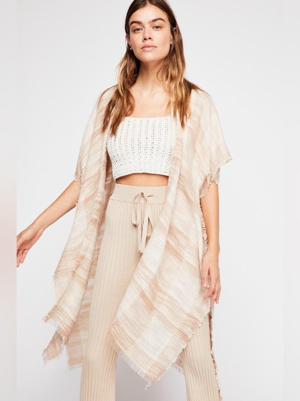 Free People River Bend Fringe Raw Hem Kimono Duster Cover up in Natural